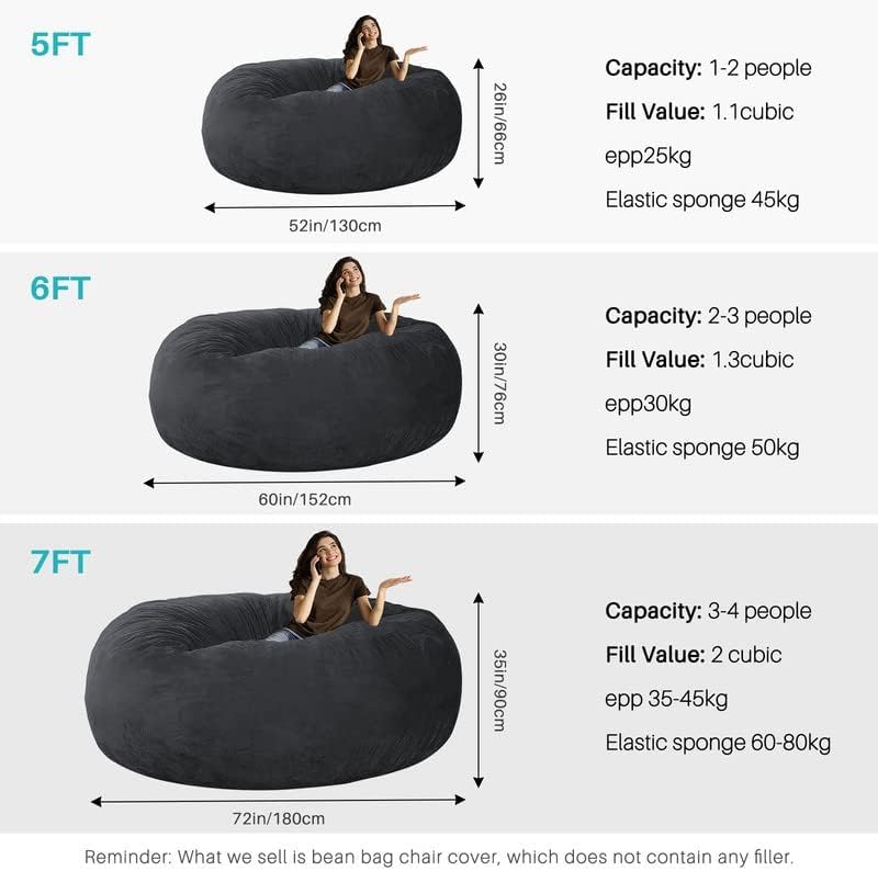 cjc Microsuede 6FT 7FT Foam Giant Bean Bag Cover Memory Living Room Chair Lazy Sofa Slipcovers(Light Grey, 6FT 150 * 75cm)