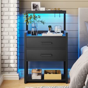 aogllati nightstand with led lights and charging station, 2 drawers bedroom night stand, 2 usb ports, 2 outlets, bed side table with storage shelves, black
