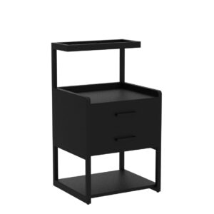 AOGLLATI Nightstand with LED Lights and Charging Station, 2 Drawers Bedroom Night Stand, 2 USB Ports, 2 Outlets, Bed Side Table with Storage Shelves, Black