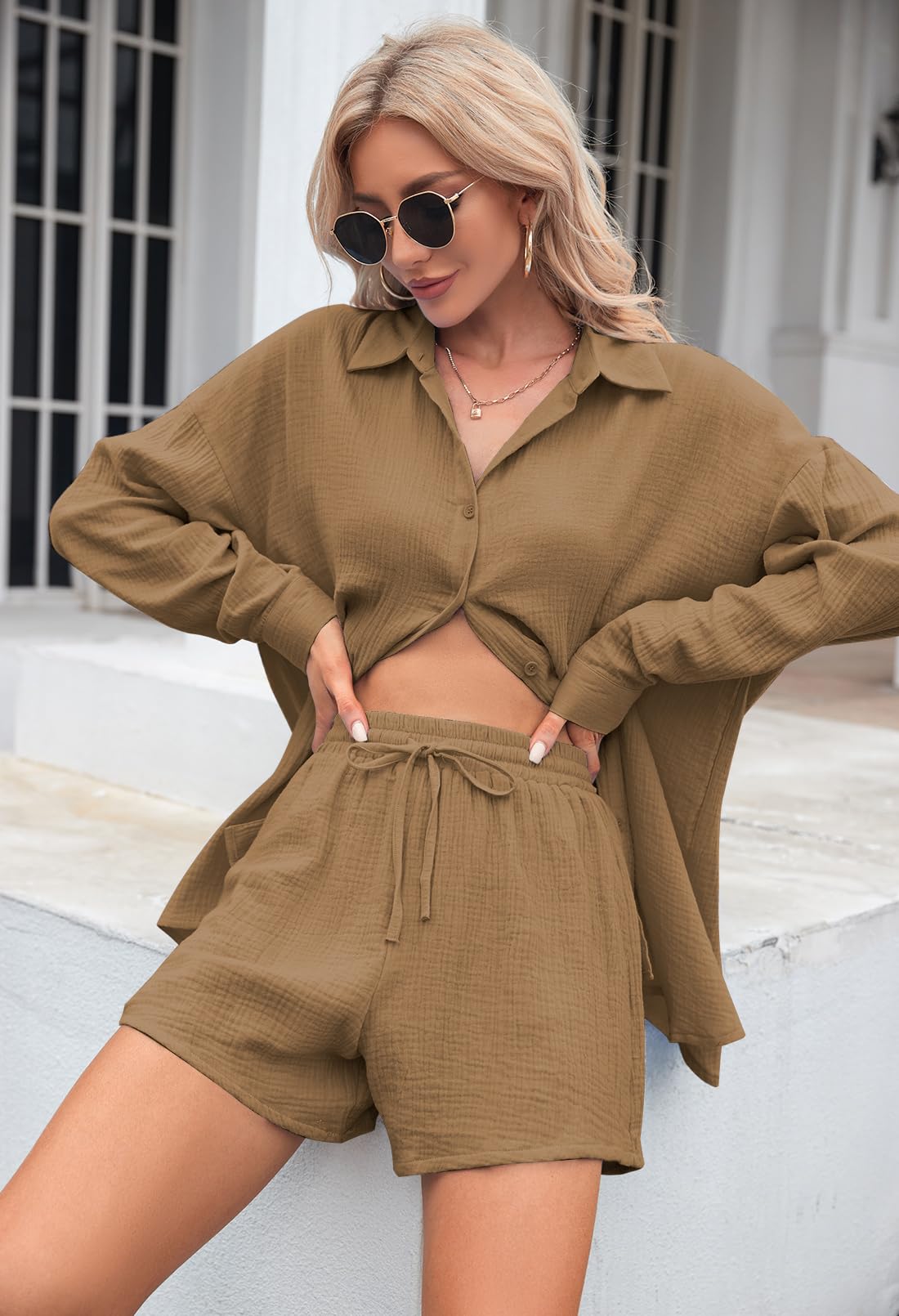 Fixmatti Two Piece Summer Sets for Women Button Down Long Sleeve Shirt with Shorts Casual Matching Set Streetwear Brown XL