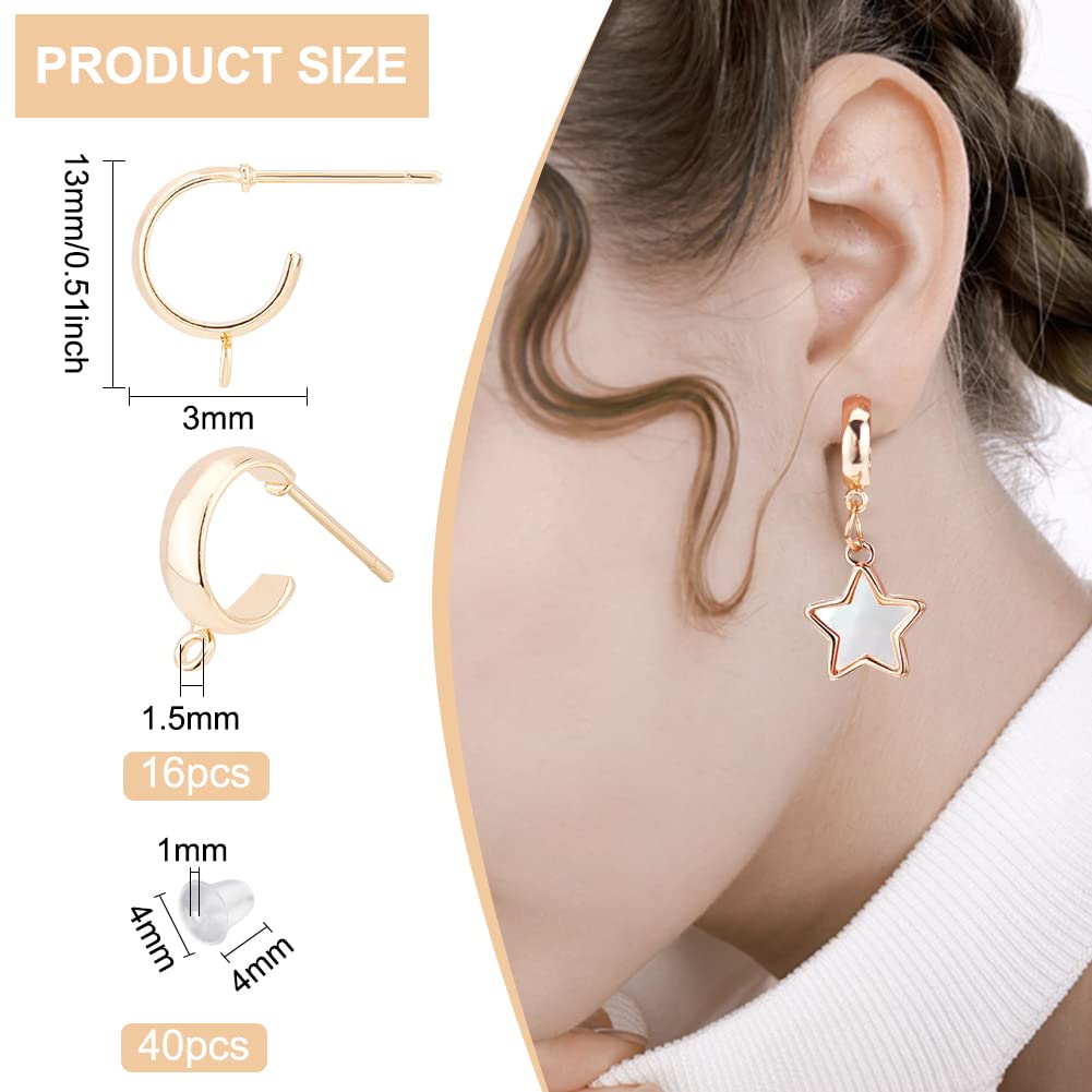 BENECREAT 16Pcs Real 18K Gold Plated Stud Earring Findings, Brass Half Hoop Earring Hook with Vertical Loops, 40Pcs Plastic Ear Nuts for Mother's Jewelry Earring Gift Making