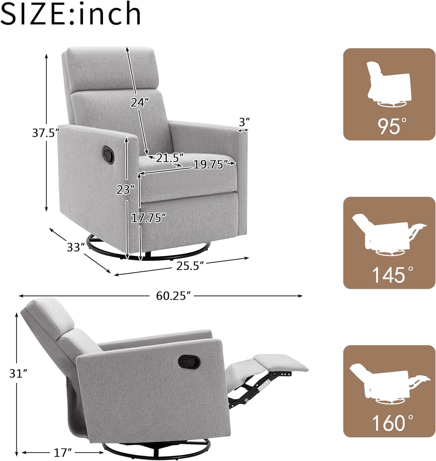 UFINEGO Swivel Rocker Recliner Chair, Manual Glider Recliner, 360 Degree Swivel Reclining Sofa Chair with Adjustable Backrest for Living Room, Apartment