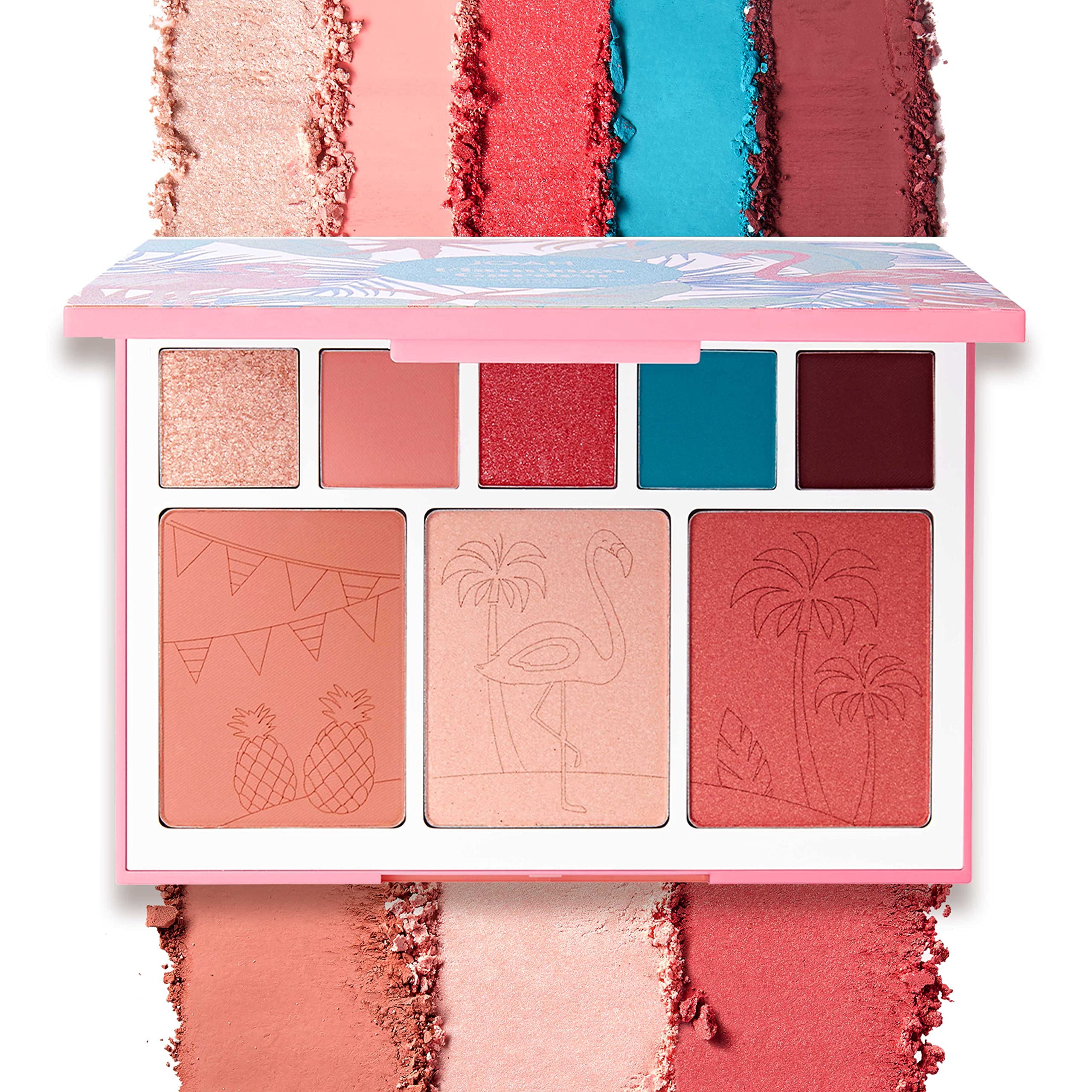 JOAH Beauty Flamingo Garden Cheek and Eyeshadow Palette, Highly Pigmented, Includes 5 Tropical Colored Eye Shadows, 2 Natural Blush Shades & 1 Pink Shimmer Highlighter, 1 Eye & Cheek Makeup Kit