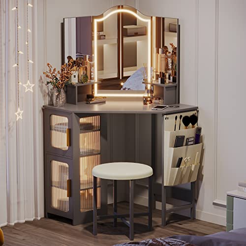 LVSOMT Vanity Desk with Mirror and Lights, Makeup Vanity with Charging Station, Dressing Table with 3 Lighting Options, Vanity Set with Drawers, Women’s Corner Vanity table, Grey