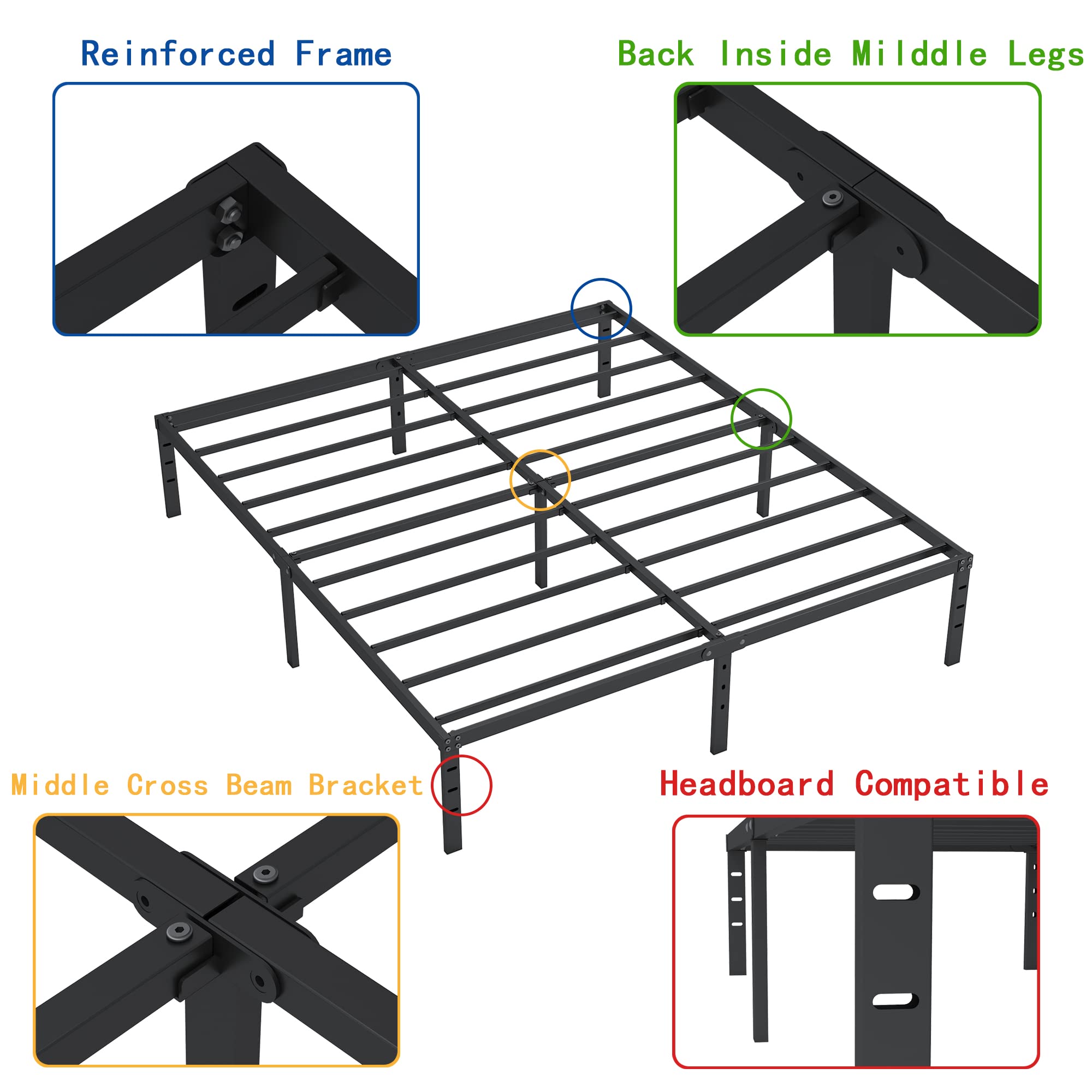 HOBINCHE 18 Inch Metal Bed Frame Queen Size No Box Spring Needed - Easy Assembly Heavy Duty Noise Free Narrow Bedframes - Double Black Basic Steel Slats Platform with Storage