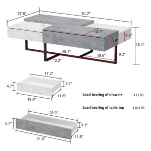 ECACAD Modern Design Coffee Table with 4 Drawers & Metal Legs, Wood Center Table with Marble Grain for Living Room, Office, Grey & White (51.2”L x 27.6”W x 15.4”H)