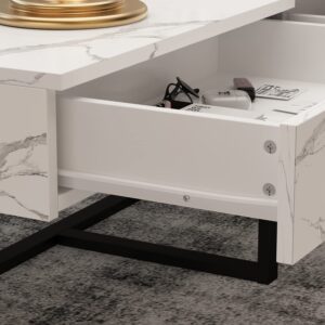 ECACAD Modern Design Coffee Table with 4 Drawers & Metal Legs, Wood Center Table with Marble Grain for Living Room, Office, Grey & White (51.2”L x 27.6”W x 15.4”H)