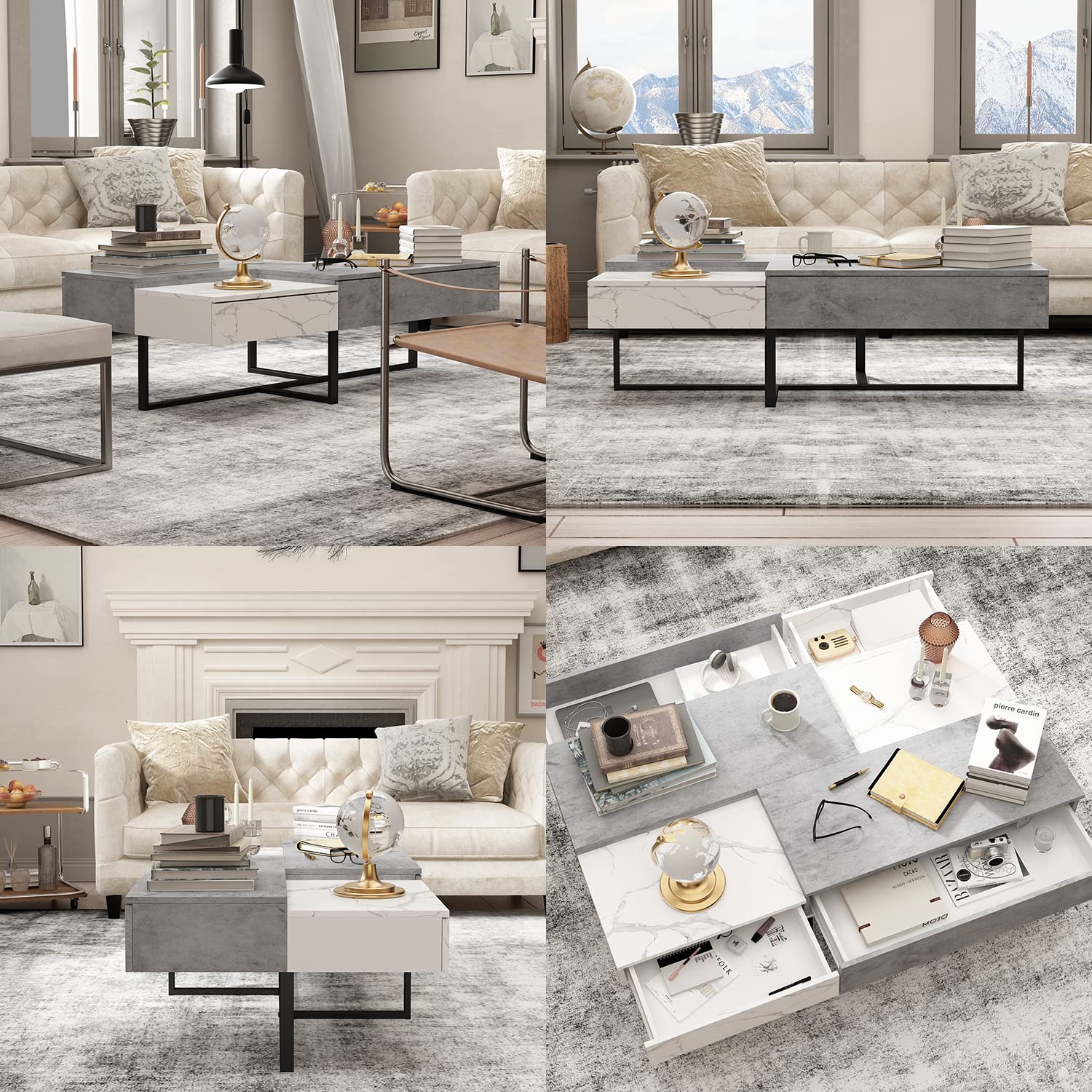 ECACAD Modern Design Coffee Table with 4 Drawers & Metal Legs, Wood Center Table with Marble Grain for Living Room, Office, Grey & White (51.2”L x 27.6”W x 15.4”H)