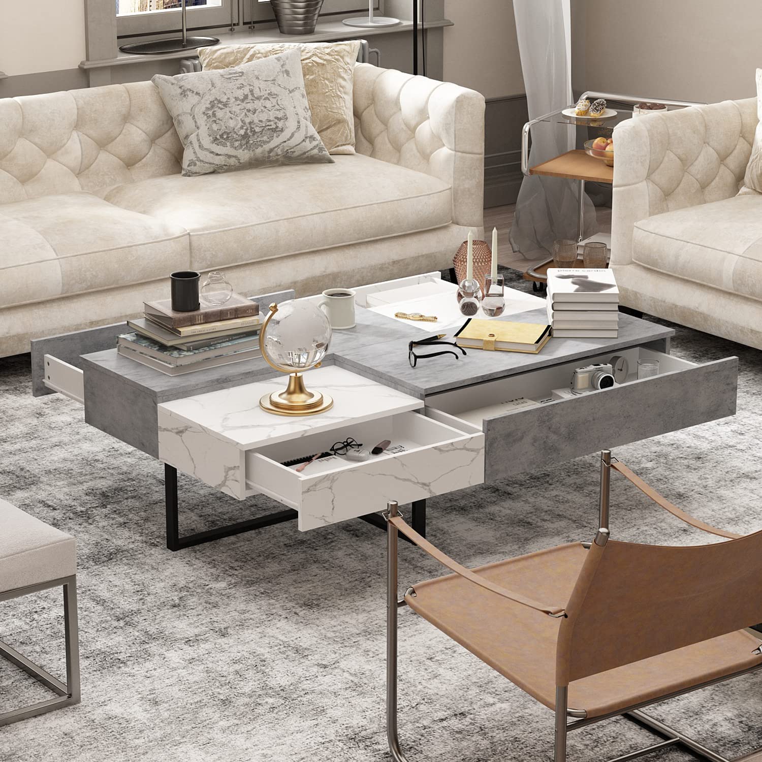 ECACAD Modern Design Coffee Table with 4 Drawers & Metal Legs, Wood Center Table with Marble Grain for Living Room, Office, Grey & White (51.2”L x 27.6”W x 15.4”H)