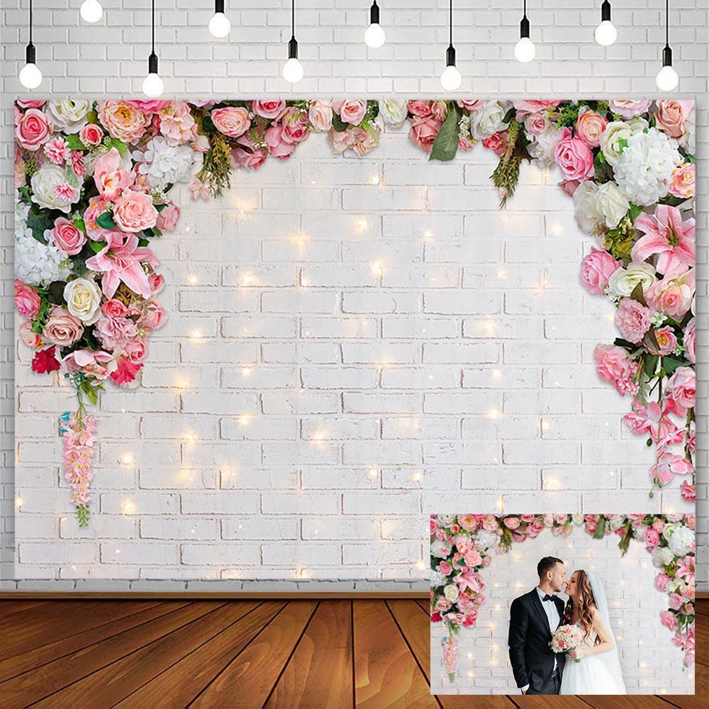 AIBIIN 10x7ft White Flowers Wall Pink Floral Photography Backdrop for Wedding Bridal Shower Engagement Ceremony Photo Background Baby Girl Birthday Party Portrait Cake Table Decor Photo Booth Studio