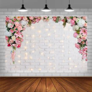 AIBIIN 10x7ft White Flowers Wall Pink Floral Photography Backdrop for Wedding Bridal Shower Engagement Ceremony Photo Background Baby Girl Birthday Party Portrait Cake Table Decor Photo Booth Studio