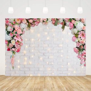 AIBIIN 10x7ft White Flowers Wall Pink Floral Photography Backdrop for Wedding Bridal Shower Engagement Ceremony Photo Background Baby Girl Birthday Party Portrait Cake Table Decor Photo Booth Studio