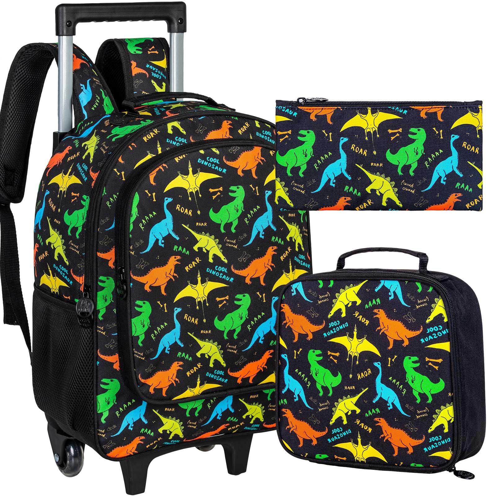 ZLYERT 3Pcs Dinosaur Rolling Backpack for Boys, Kids School Backpacks with Wheels, Roller Bookbag with Lunch Box for Elementary Preschool(Black)