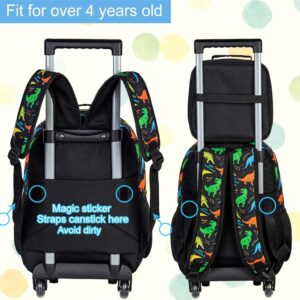 ZLYERT 3Pcs Dinosaur Rolling Backpack for Boys, Kids School Backpacks with Wheels, Roller Bookbag with Lunch Box for Elementary Preschool(Black)