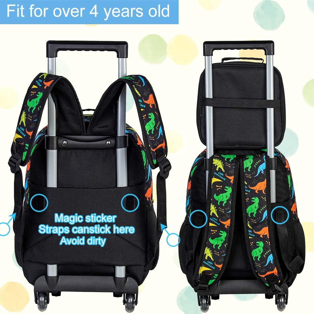 ZLYERT 3Pcs Dinosaur Rolling Backpack for Boys, Kids School Backpacks with Wheels, Roller Bookbag with Lunch Box for Elementary Preschool(Black)