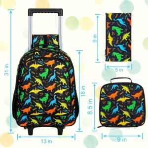 ZLYERT 3Pcs Dinosaur Rolling Backpack for Boys, Kids School Backpacks with Wheels, Roller Bookbag with Lunch Box for Elementary Preschool(Black)