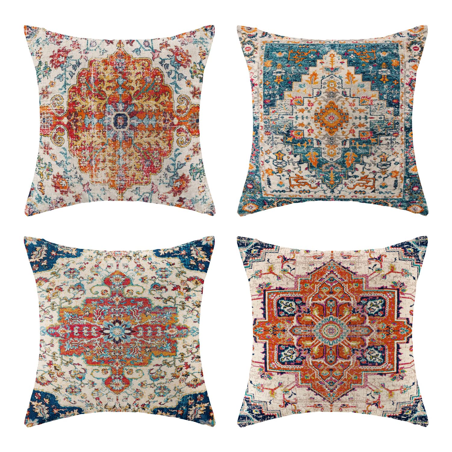 LHAIFA Boho Pillow Covers Carpet Pattern Decorative Pillow Covers Orange Blue Teal Retro Rust Floral Throw Pillow Covers 18X18 in Set of 4 Linen Decorative Pillow Covers for Couch Living Room Sofa