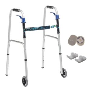 healthline 2 wheel walker for seniors & adults - deluxe lightweight foldable walker with wheels 5" up to 350 lbs and free 2 pair of rear glides & triggers (blue)