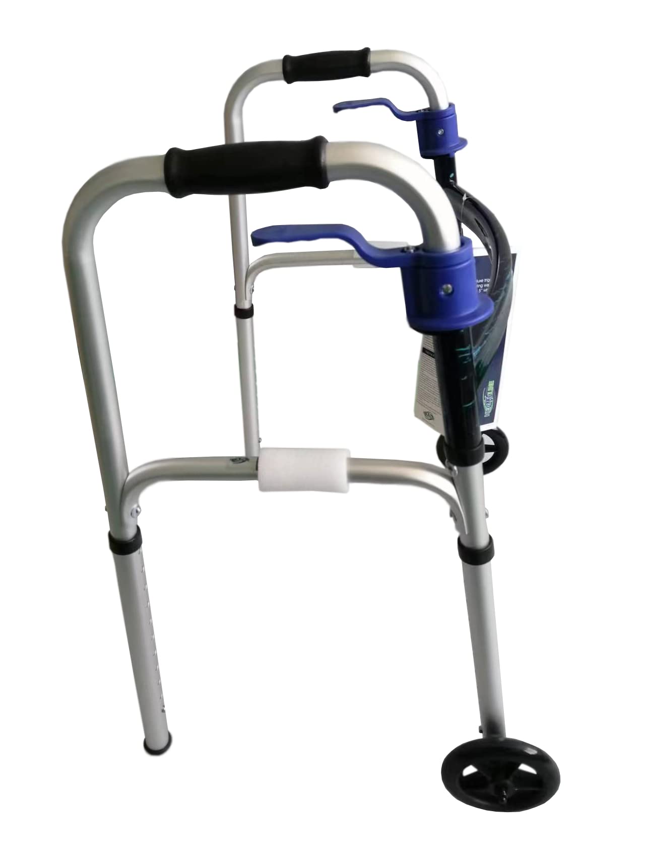 HEALTHLINE 2 Wheel Walker for Seniors & Adults - Deluxe Lightweight Foldable Walker with Wheels 5" up to 350 lbs and FREE 2 Pair of Rear Glides & Triggers (Blue)