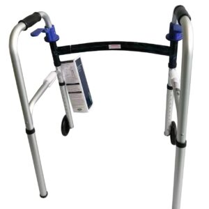 HEALTHLINE 2 Wheel Walker for Seniors & Adults - Deluxe Lightweight Foldable Walker with Wheels 5" up to 350 lbs and FREE 2 Pair of Rear Glides & Triggers (Blue)