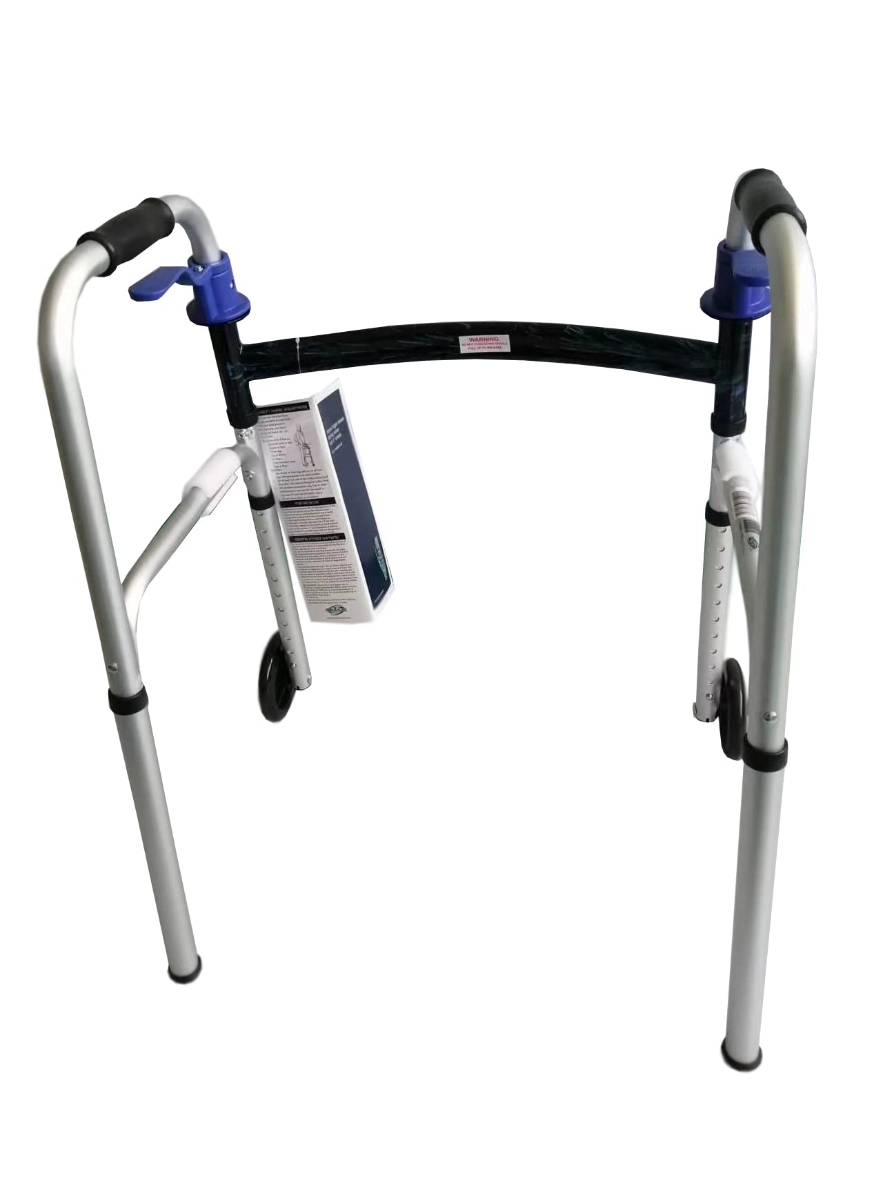 HEALTHLINE 2 Wheel Walker for Seniors & Adults - Deluxe Lightweight Foldable Walker with Wheels 5" up to 350 lbs and FREE 2 Pair of Rear Glides & Triggers (Blue)