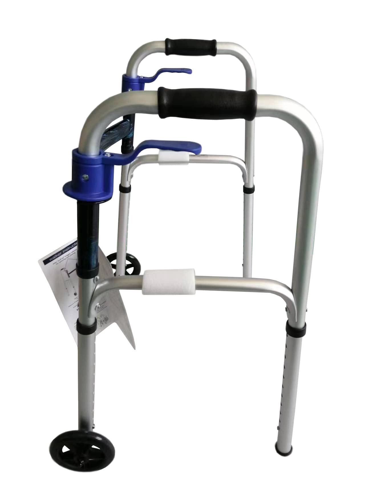 HEALTHLINE 2 Wheel Walker for Seniors & Adults - Deluxe Lightweight Foldable Walker with Wheels 5" up to 350 lbs and FREE 2 Pair of Rear Glides & Triggers (Blue)