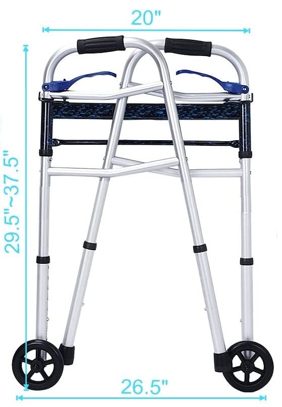 HEALTHLINE 2 Wheel Walker for Seniors & Adults - Deluxe Lightweight Foldable Walker with Wheels 5" up to 350 lbs and FREE 2 Pair of Rear Glides & Triggers (Blue)