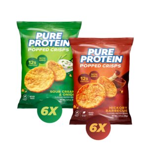 pure protein popped crisps variety pack, hickory barbecue and sour cream & onion, high protein snack, 12g protein, 1.27oz., 12 count