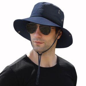 muryobao men sun hat summer wide brim upf 50+ uv protection bucket cap waterproof foldable boonie hats for safari fishing hiking navy blue