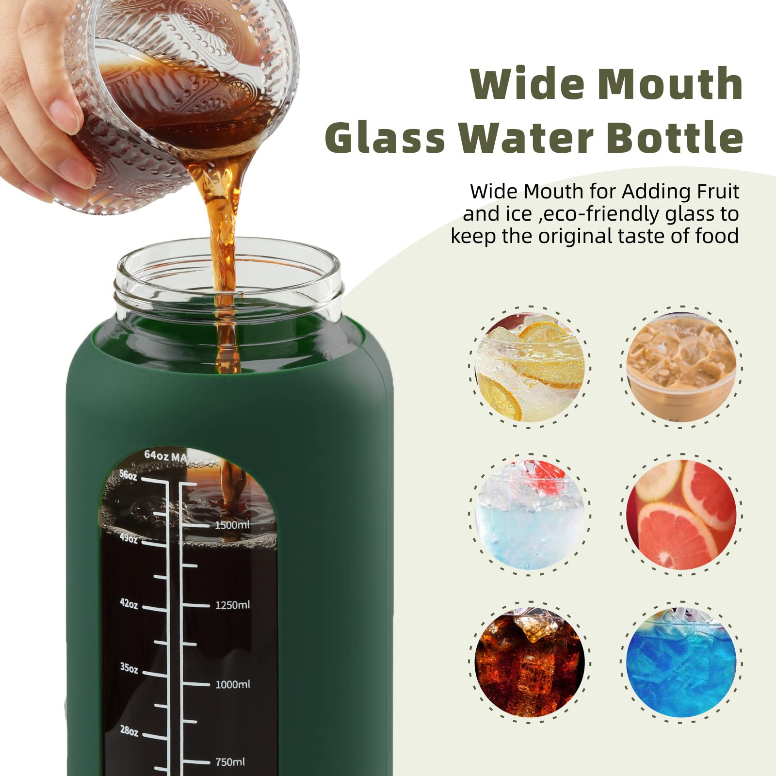 SIEROZUR 74oz Glass Water Bottle with Straw 2.2L Large Gallon Motivational Water Bottle with Handle and Time Marker Wide Mouth Water Jug with Silicone Sleeve