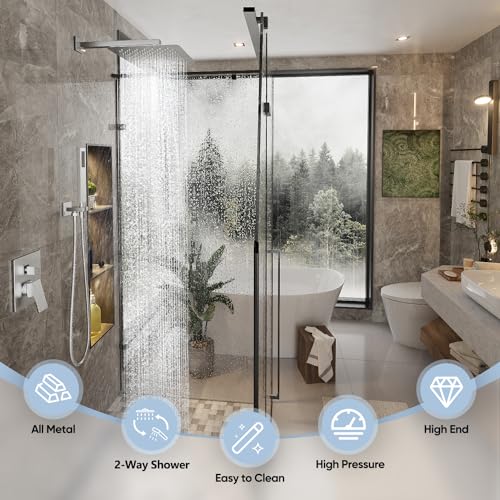 Gabrylly Shower System Brushed Nickel, Rain Shower head with handheld Shower Spray Combo, Rainfall Shower Faucet Set Complete, High Pressure 10" Stainless Steel Shower Valve Set