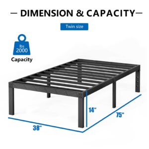 Uliesc Twin Size Bed Frame, 14 Inch High Sleek and Durable Metal Bed Frame, No Box Spring Needed Platform, Heavy Duty Steel Slats with 2000 lbs Support, Easy Assembly, Noise-Free—Matte Black