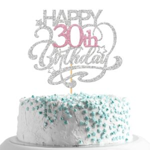 monmon & craft happy 30th birthday cake topper/cheers to 30 years/women girls 30th birthday party decor supplies - silver & pink glitter (30th)