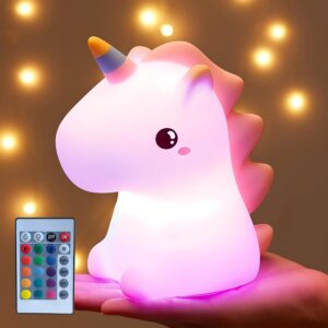 pokanic kids led lights remote controller rechargeable battery powered portable silicone night multi color usb lamp decor desk sleeping bedroom living room (unicorn)