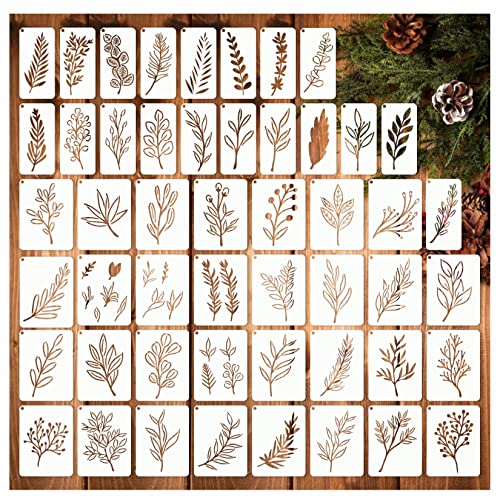 Leaf Stencils for Crafts Small Leaves and and Branches Paint Plant Stencil for Painting On Wood Wall Card Making, Tiny Nature Vine Herb Essential Art Stencils for Adults Kids (50 Leaves)