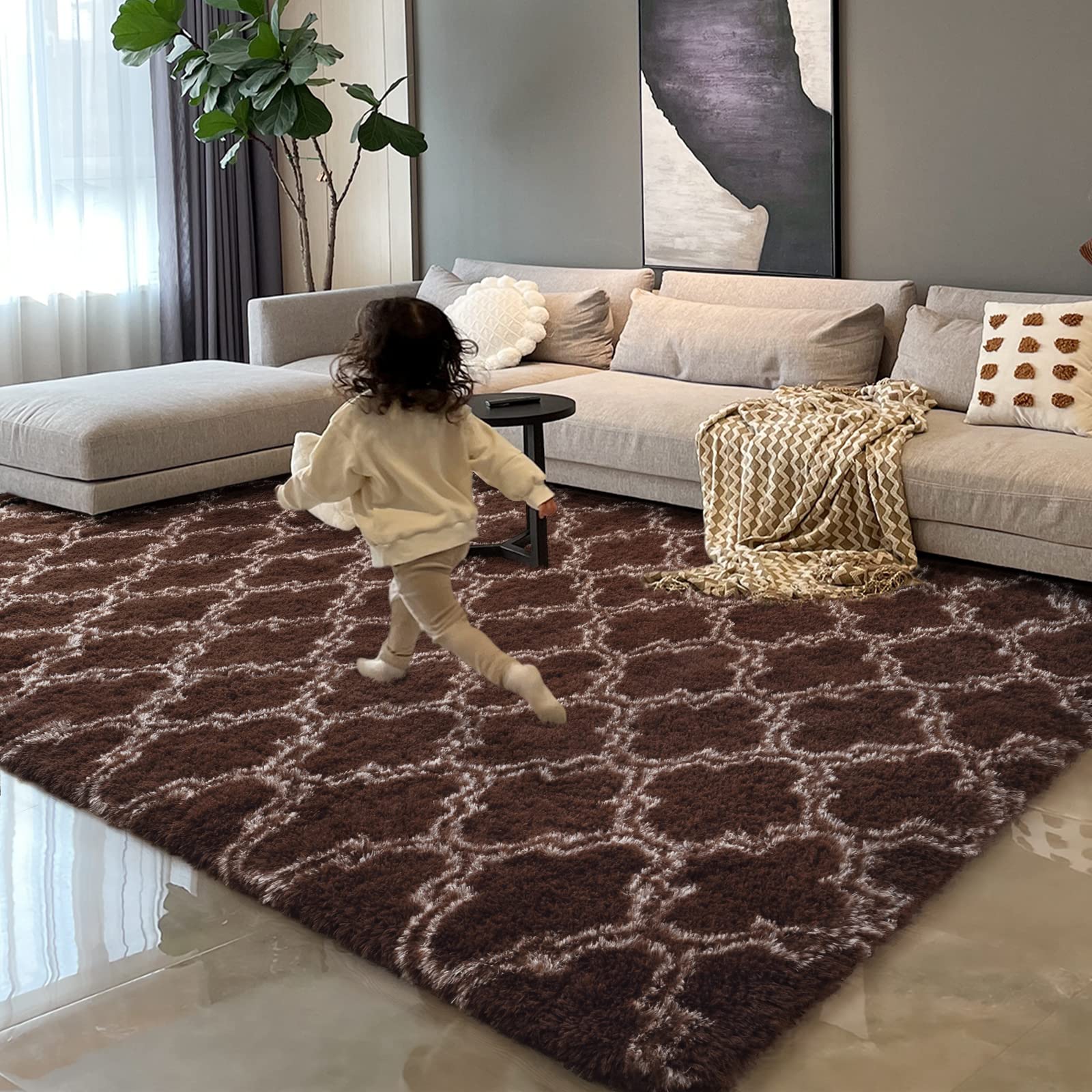 HOMORE Luxury Bedroom Rug, 4x6 Feet Area Rug for Living Room, Modern Fluffy Rugs, Soft and Comfy Rug for Kids Nusery Dorm and Home Office, Brown/Beige