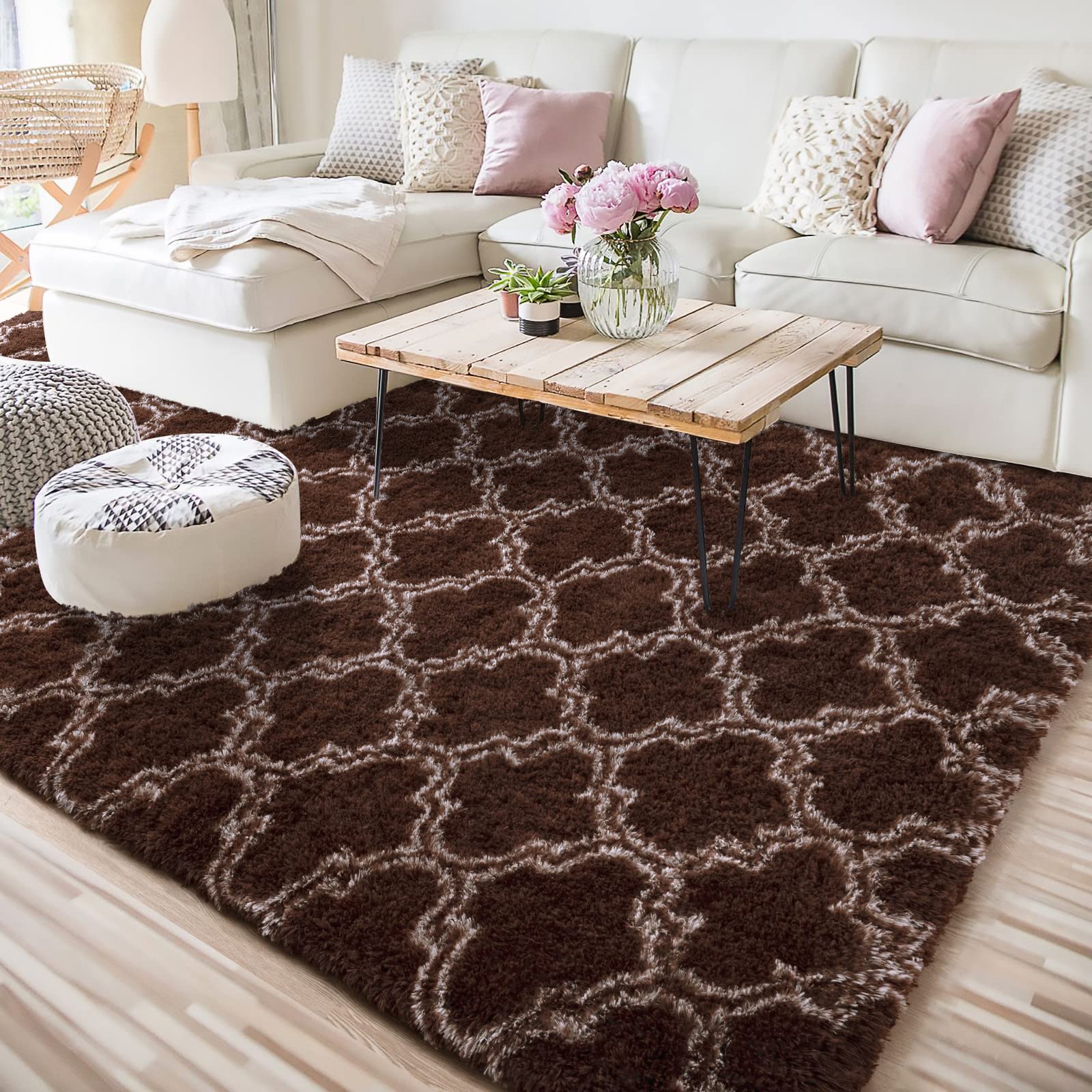 HOMORE Luxury Bedroom Rug, 4x6 Feet Area Rug for Living Room, Modern Fluffy Rugs, Soft and Comfy Rug for Kids Nusery Dorm and Home Office, Brown/Beige