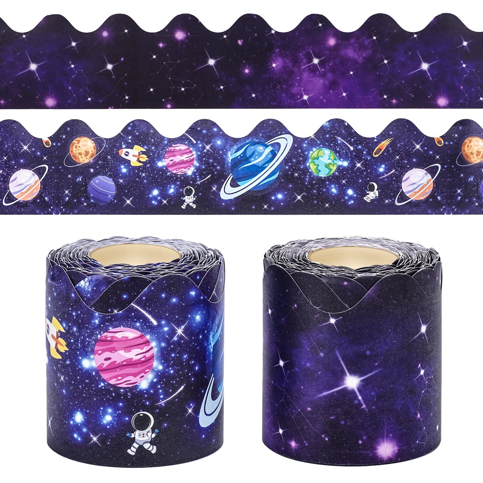 2 Rolls Bulletin Board Borders,100 ft Galaxy Scalloped Borders Trim for Bulletin Boards, Desks, Lockers, Home, School or Classroom Decor (Starry Sky and Outer Space)