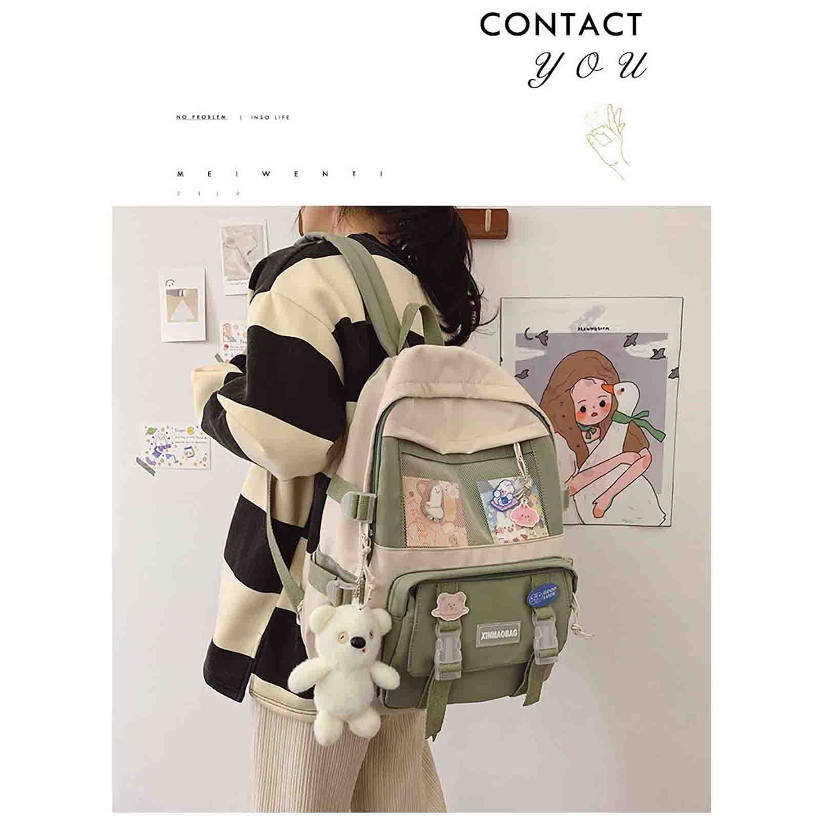 BXCNCKD Kawaii Backpack with Pins Kawaii School Backpack Cute Aesthetic Backpack Cute Kawaii Backpack for School (green)