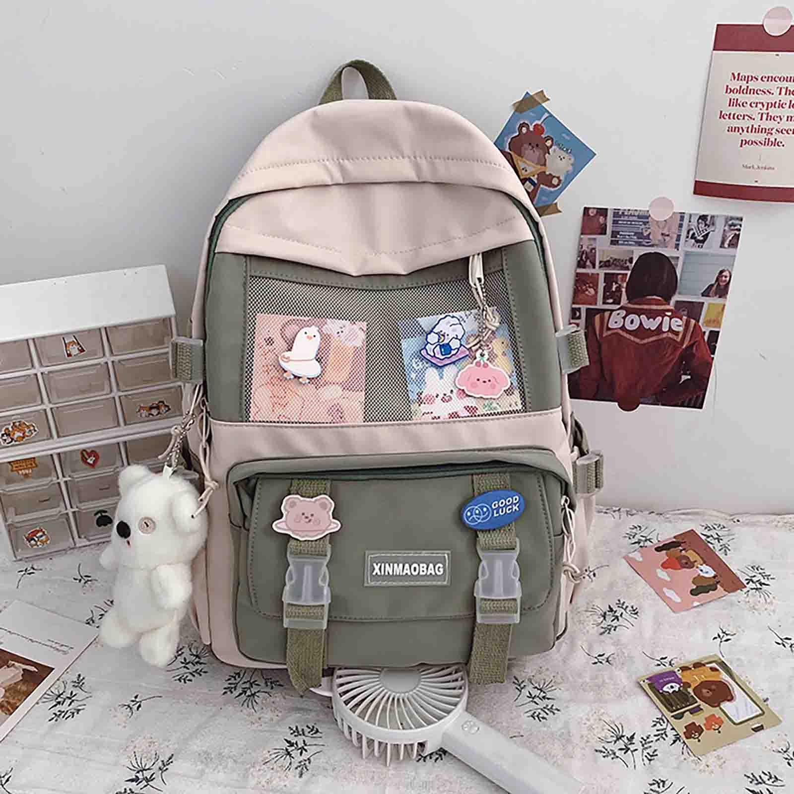 BXCNCKD Kawaii Backpack with Pins Kawaii School Backpack Cute Aesthetic Backpack Cute Kawaii Backpack for School (green)