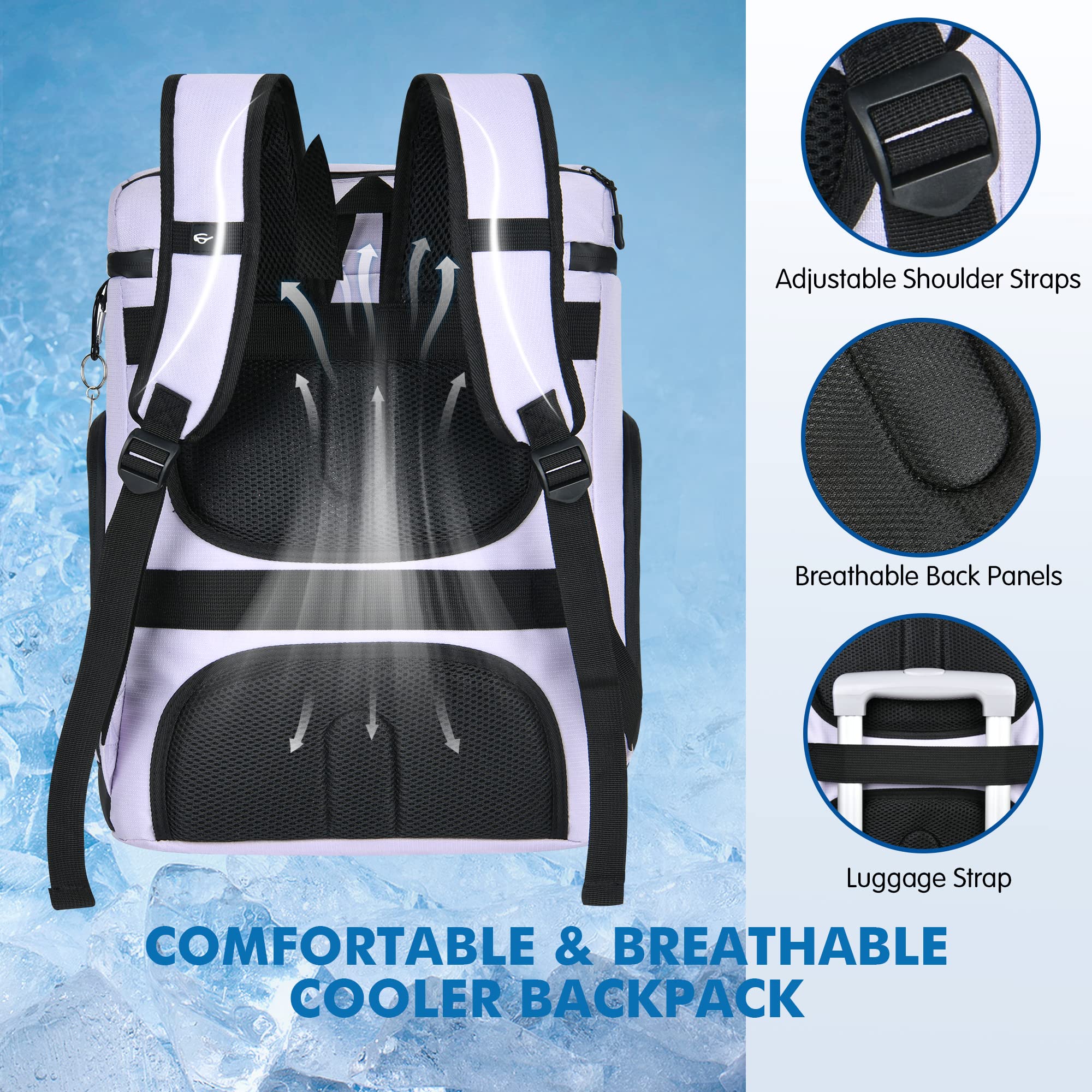 Backpack Cooler for 40 Cans, Leakproof Cooler Backpack Insulated Waterproof with 3 Ice Packs Insulated Soft Coolers for Beach Hiking Camping Fishing Picnic - Light Purple