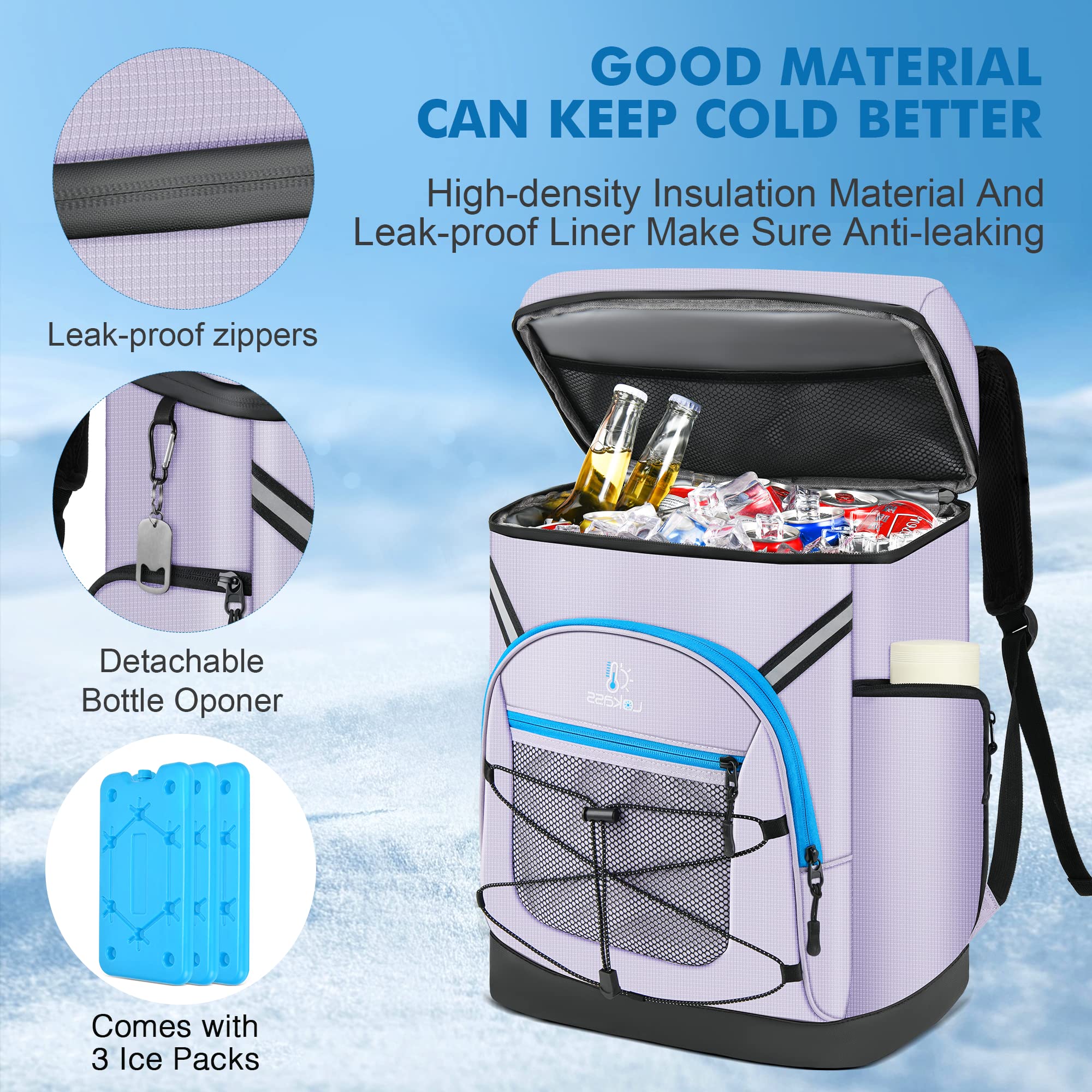 Backpack Cooler for 40 Cans, Leakproof Cooler Backpack Insulated Waterproof with 3 Ice Packs Insulated Soft Coolers for Beach Hiking Camping Fishing Picnic - Light Purple