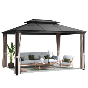 flamaker hardtop gazebo aluminum frame outdoor gazebo with privacy curtains and gauze mesh sunshade pavilion double roof canopy for patio, lawn, deck, poolside (polyurethane roof, 10' x 13')