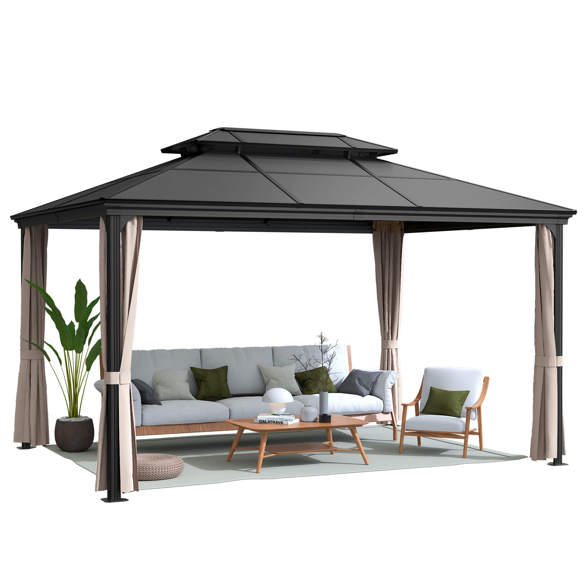 Flamaker Hardtop Gazebo Aluminum Frame Outdoor Gazebo with Privacy Curtains and Gauze Mesh Sunshade Pavilion Double Roof Canopy for Patio, Lawn, Deck, Poolside (Polyurethane Roof, 10' x 13')