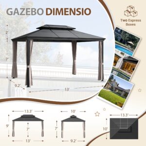 Flamaker Hardtop Gazebo Aluminum Frame Outdoor Gazebo with Privacy Curtains and Gauze Mesh Sunshade Pavilion Double Roof Canopy for Patio, Lawn, Deck, Poolside (Polyurethane Roof, 10' x 13')