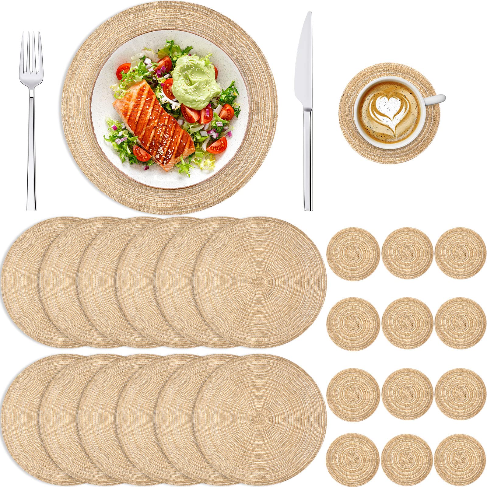 Thenshop 24 Pcs Woven Round Placemats and Rattan Coasters Set 12 Pcs 15 Inch Dining Table Mats 12 Pcs 4 Inch Coasters Non Slip Washable Heat Resistant Farmhouse Boho Place Mat(Beige)