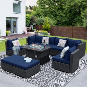 nicesoul® large 9 piece outdoor patio furniture set with fire pit table,29.3'' high back rattan modular sectional sofa set with natural gas/propane firepit navy,2 colors cushions