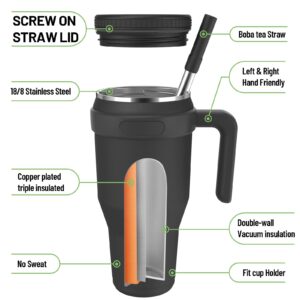 Zukro 40 oz Tumbler with Handle and Straw Lid， Leak Proof Vacuum Insulated Stainless Steel Water Bottle, Fit in Cup Holder, No Sweat, Keeps Drinks Cold 24 Hours, BPA Free, Dishwasher Safe - Black