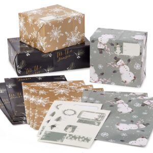 Hallmark Christmas Flat Wrapping Paper Sheets with Cutlines on Reverse (12 Folded Sheets with Sticker Gift Tags) Metallic Gold, Sage Green, Black, Rustic Snowmen, Snowflakes, Tis the Season"