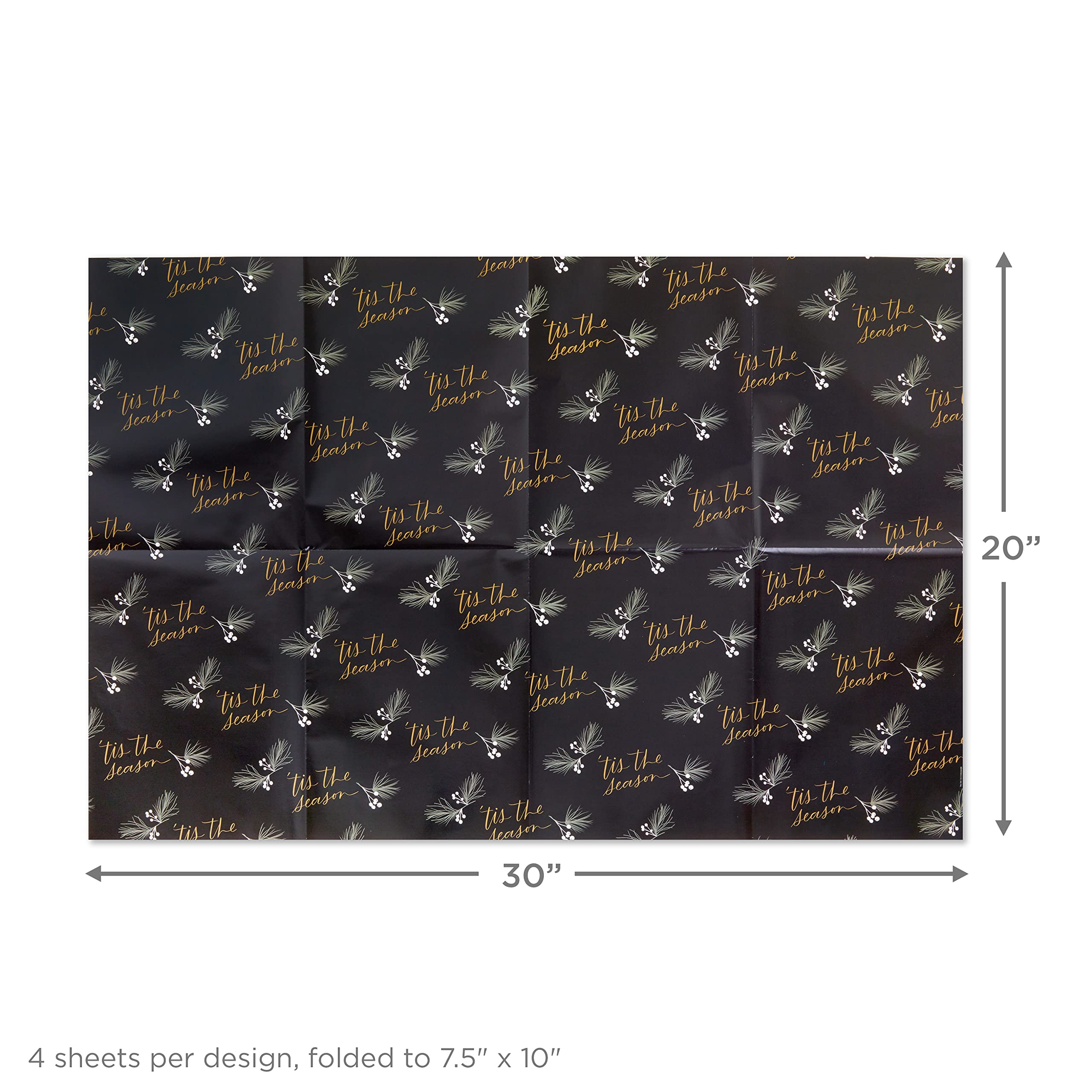 Hallmark Christmas Flat Wrapping Paper Sheets with Cutlines on Reverse (12 Folded Sheets with Sticker Gift Tags) Metallic Gold, Sage Green, Black, Rustic Snowmen, Snowflakes, Tis the Season"